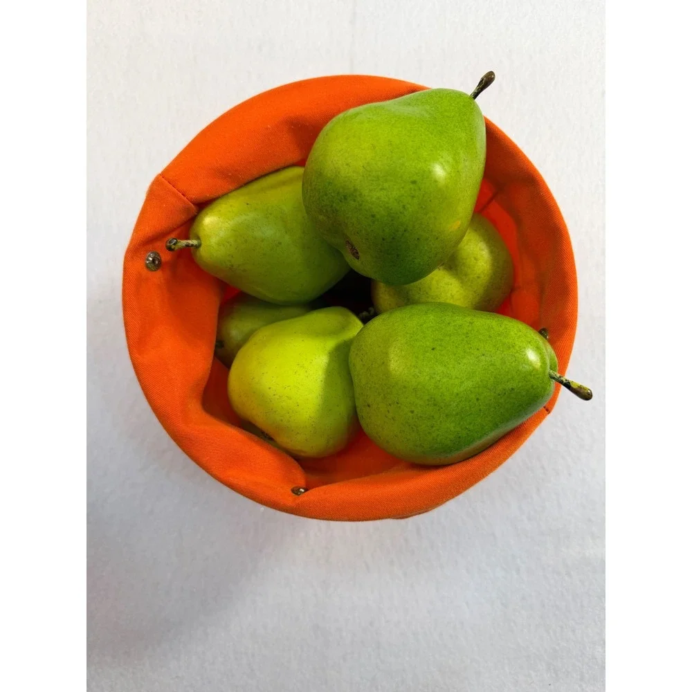 Modern Chrome Wire Basket with Orange Liner and 8 Artificial Green Pears Set